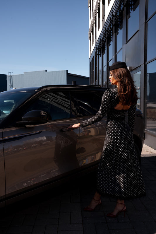 VOGE Polka Dot Dress with Open Back & Lace