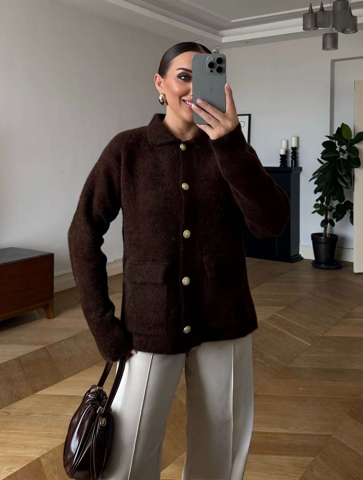 Golden Touch Fuzzy Cardigan – Chocolate Brown